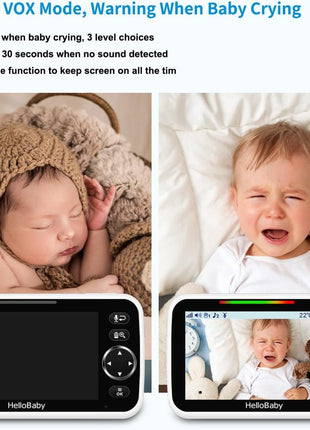 HelloBaby No WiFi Baby Monitor 5" Screen 30-Hour Battery Pan-Tilt-Zoom Video Upgrade with Camera and Audio, Night Vision, VOX, 2-Way Talk, 8 Lullabies and 1000ft Range, HB6550