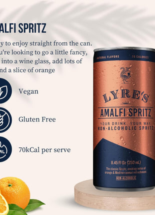 Lyre's Amalfi Spritz 4-Pack, Ready to Drink Non-Alcoholic Sparkling Mocktail, Award-Winning Zero Proof Italian Aperitif and Non Alcoholic Prosecco, 70 Calories per Can (8.45 Fl Oz x 4)