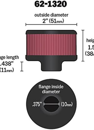 K&N Vent Air Filter/Breather: High Performance, Premium, Washable, Replacement Engine Filter: Flange Diameter: 0.375 in, Filter Height: 1.5 in, Flange Length: 0.4375 in, Shape: Breather, 62-1320