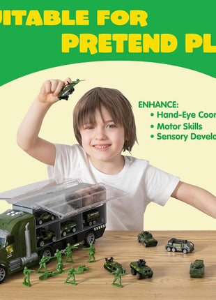 JOYIN 25 in 1 Military Kids Truck Toys for Age 3+, Toddler Boy Toys, Army Men Tanks Set with Soldier Men, Mini Battle Cars in Carrier Truck with Lights and Sounds, Gifts for Grandkids