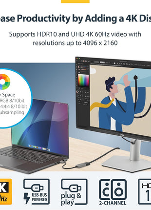 StarTech.com USB-C to HDMI Adapter, 4K 60Hz Video, HDR10, USB-C to HDMI Monitor Dongle, USB4 / Thunderbolt Compatible