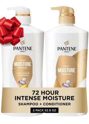 Pantene Shampoo & Conditioner Set, Daily Moisture Renewal - Pro-V Nutrients for Dry, Color-Treated, Straight to Curly Hair, 72-Hour Hydration & Softness, 52.8 Oz Total + Miracle Rescue Shot (0.5 Oz)