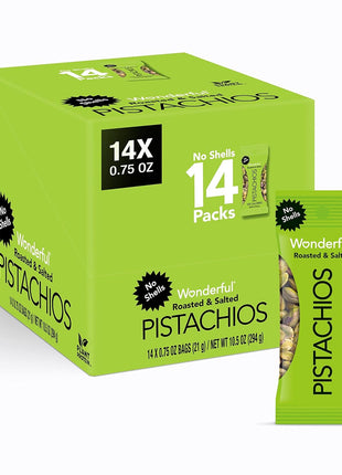 Wonderful Pistachios No Shells, Roasted & Salted Nuts, 0.75 Ounce Bag (Pack of 14), Protein Snacks, Vegan Snacks, On-the-Go, Individual Snacks for Adults