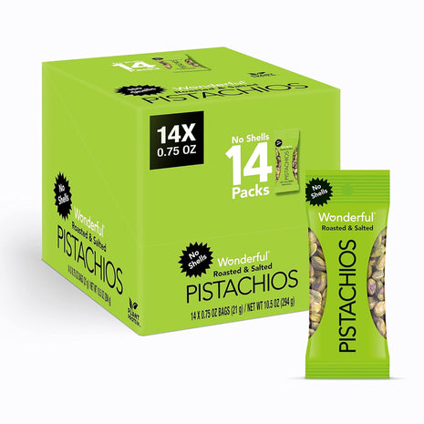Wonderful Pistachios No Shells, Roasted & Salted Nuts, 0.75 Ounce Bag (Pack of 14), Protein Snacks, Vegan Snacks, On-the-Go, Individual Snacks for Adults