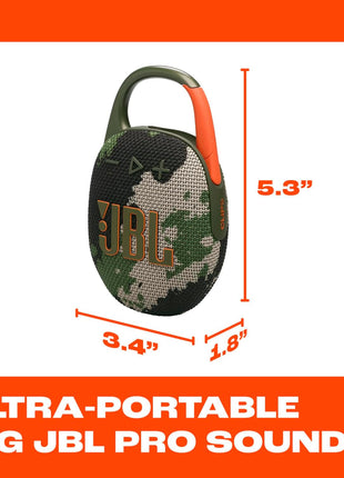 JBL Clip 5 - Ultra-Portable, Waterproof & Dustproof Bluetooth Speaker, Big Pro Sound with Punchy bass, Integrated Carabiner, Up to 12 Hours of Play, Made in Part with Recycled Materials (Squad)