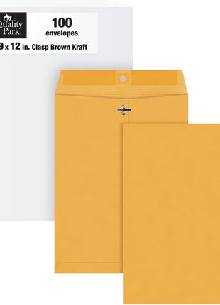 Quality Park 9 x 12 Clasp Envelopes with Deeply Gummed Flaps, Great for Filing, Storing or Mailing Documents, 28 lb Brown Kraft, 100 per Box (QUA37890)