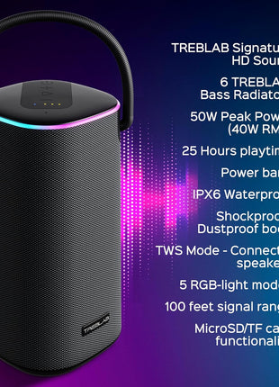 TREBLAB Portable Bluetooth Speaker with Handle - Loud 60W Stereo Sound with Deep Bass, 25H Playtime, Wireless Powerbank, RGB Lights, Dual Pairing, Waterproof - for Home Parties, Outdoor Pool, Golf