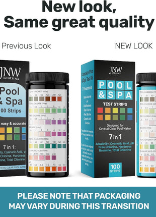 JNW 7-in-1 Pool Test Strips, 100 Quick & Accurate Test Strips for Pool Water, Spa Test Strips for Hot Tub, Chlorine Test Strips, Bromine, pH, Alkalinity, Hardness & More - Swimming Pool Test Kit