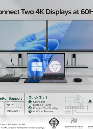 Plugable USB-C Docking Station Dual Monitor 4K 60Hz (2×HDMI), 65W Charging, Gigabit Ethernet, USB-C & 3×USB-A 5Gbps, Audio, Driverless for Windows/ChromeOS (UD-MSTH2)
