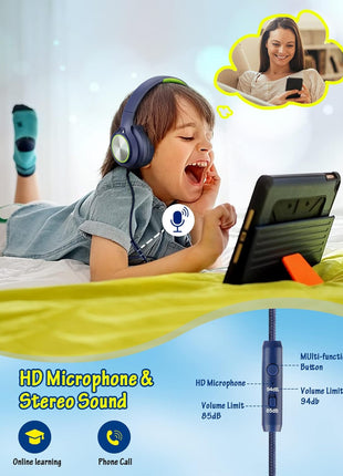 Kids Headphones with Cord , Wired Over Ear Headsets with Microphone Limited Volume 85dB/ 94dB, Portable Wired Headphones for Kids Boys Girls Teens Children Online School/Travel/iPad/Tablet/Cellphone