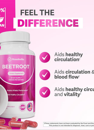 Rosabella Organic Beet Root Capsules - 1300mg Beet Root Powder Aids Healthy Circulation & Vitality, Non-GMO, Beet Root Supplement - 60 Capsules, 30-Day Supply