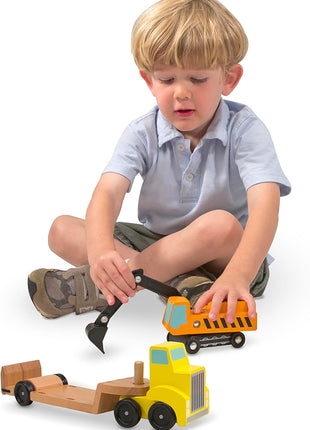 Melissa & Doug Trailer and Excavator Wooden Vehicle Set (3 pcs)