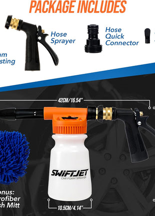 SwiftJet Car Wash Foam Gun + Microfiber Wash Mitt - Foam Cannon Works with Any Soap - Garden Hose Car Foam Sprayer - Car Wash Kit - Car Accessories Foam Blaster (Orange Foam Gun with Mitt)