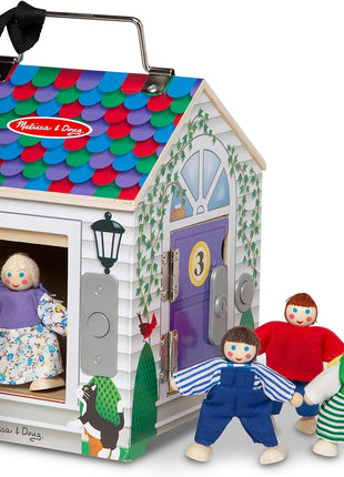 Melissa & Doug Take-Along Wooden Doorbell Dollhouse - Doorbell Sounds, Keys, 4 Poseable Wooden Dolls Portable Doll House, Doorbell House for Kids Ages 3+