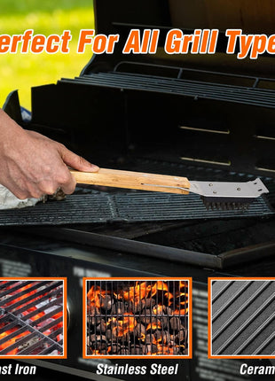 SIMPLETASTE Grill Brush and Scraper for BBQ, Durable & Effective, Replaceable Stainless Steel Head, Wooden Handle Wire Grill Brush for Outdoor Grill, Barbecue Accessories