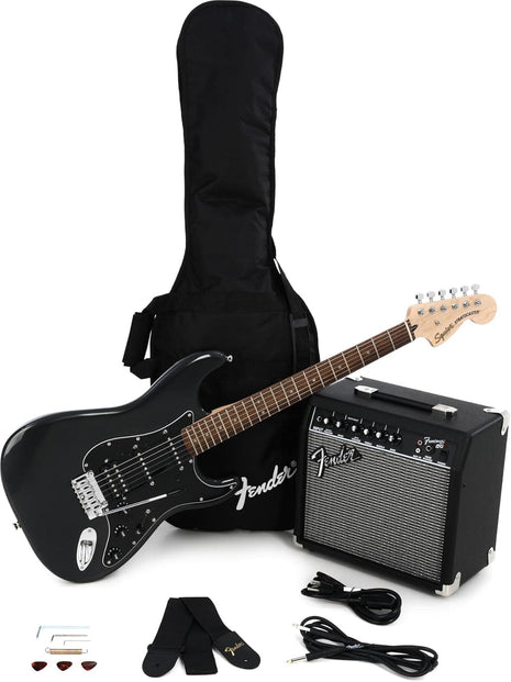 Squier Affinity Series Stratocaster Packs Electric Guitar, Charcoal Frost Metallic, Laurel Fingerboard | Hss Strat Pack, Indian Laurel Fingerboard, Poplar Body, Includes Frontman 15g Amp, Gig Bag, Cable, Strap and Picks, 21 Frets