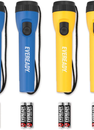 EVEREADY LED Flashlights (4-Pack), Bright Flashlights for Emergencies and Camping Gear, Flash Light with AA Batteries Included, Blue/Yellow (4-Pack)