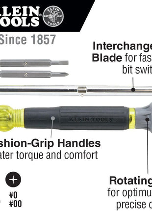 Klein Tools 32581 4-in-1 Electronics Screwdriver Set with 2 Slotted, 2 Phillips Precision Machined Bits, Ideal for Terminal Blocks
