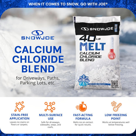 Snow Joe Snow & Ice Melter, Calcium Chloride Blend Pellets, Non-Staining Melt, 40 Lb Bag - Ice Remover for Driveway, Concrete, Sidewalk, and Outdoor Spaces