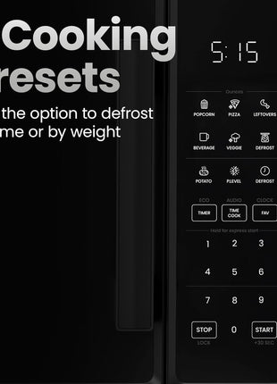 Chefman Countertop Microwave Oven 1.1 Cu. Ft., 1000 Watts with 10 Power Levels, 6 Cooking Presets with One-Touch Express Cook, Eco Mode, Child Safety Lock, & Mute Button - Black
