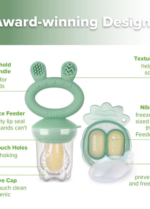 Haakaa Baby Fruit Food Feeder & Mini Freezer Nibble Tray Combo, Breastmilk Popsicle Molds for Cooling Relief, BPA Free Silicone Feeder for Safe Infant Self Feeding, 4 Month+ (Pea Green)