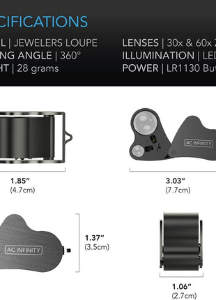 AC Infinity Jewelers Loupe, Pocket Magnifying Glass with LED Light & Dual Lenses, 30x 60x Zoom for Jewelry, Watches, Coins, Stamps, Plant Buds