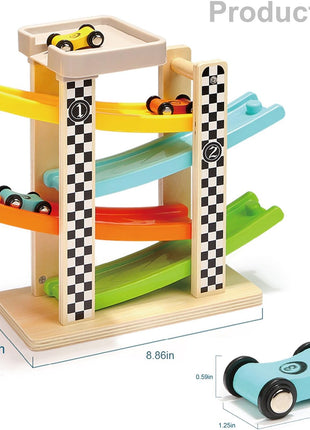 Toddler Toys for 1 2 Year Old Boy and Girl Gifts Wooden Race Track | Wooden ramp racer with 4 numbered mini cars and top parking; for indoor play, visual tracking, turn-taking, and repeat play