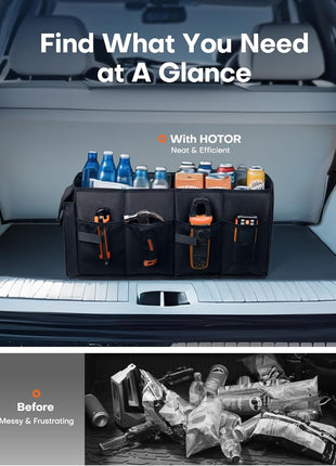 HOTOR Trunk Organizer - Car Organizer, Foldable Trunk organizer for SUVs & Sedans, Sturdy Car Organization for Car Accessories, Tools, Sundries, Black, 2 Compartments, 21.3 inch×12.6 inch×10.6 inch