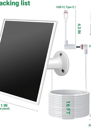 Solar Panel for Ring Camera, 6W Solar Charger with USB-C & Barrel Plug for Ring Stick Up Cam Plus/Pro & Spotlight Cam Battery Series, Waterproof, 16ft Cable, White