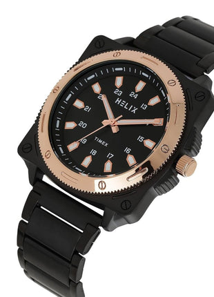 Helix By Timex Analog Watch for man with Black Round Dial & Black Stainless Steel Bracelet Band Water Resistant Men's Wrist Watches - TW062HG03T