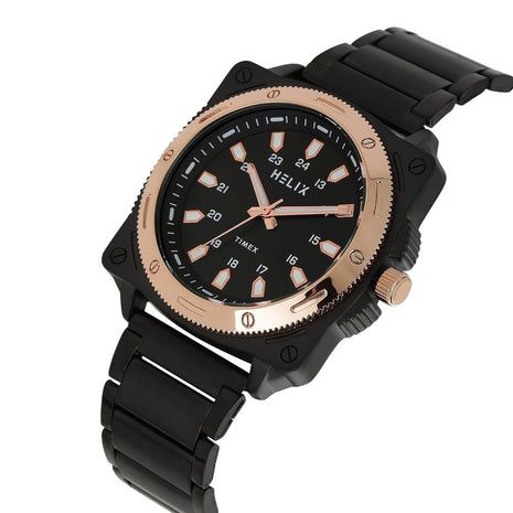 Helix By Timex Analog Watch for man with Black Round Dial & Black Stainless Steel Bracelet Band Water Resistant Men's Wrist Watches - TW062HG03T