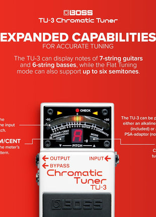 BOSS TU-3 Chromatic Floor Tuner for Guitar and Bass | Industry-Standard Performance | Tank-Tough BOSS Stompbox Body | 21-Segment LED Meter | Accurate to  One Cent | Accu-Pitch Sign Function