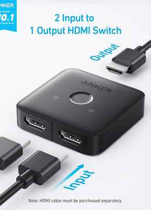 Anker HDMI Switch, 2 in 1 Out HDMI Switcher, Monitor Switch with 4K@60Hz | Smooth Finish, Supports HDR/3D/Dolby, for Laptops/PC/Xbox/PS5/PS4/Projector, and More