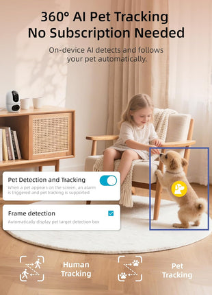 VIRTAVO Pet Camera Indoor WiFi 6, No Subscription, for Dogs Cats | Dual Band 2.4/5GHz, 360° Auto Tracking, Pet Call, Dual Lens, 2-Way Audio, Night Vision, SD & Cloud, Wired