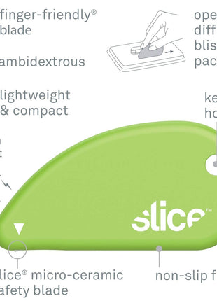Slice 00100 Ceramic Blade Safety Cutter, Opens Clamshell Packaging, Coupon Cutter, Trim Photos, Scrapbooking, Fits Keychain, Green