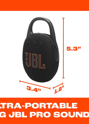 JBL Clip 5 - Ultra-Portable, Waterproof & Dustproof Bluetooth Speaker, Big Pro Sound with Punchy bass, Integrated Carabiner, Up to 12 Hours of Play, Made in Part with Recycled Materials (Black)