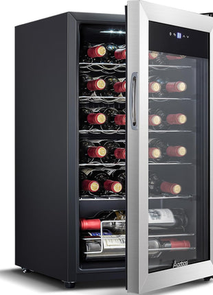 AAOBOSI 24 Inch Dual Zone Wine and Beverage Cooler,19 Bottles & 88 Cans Upgraded Wine Fridge,Built-in and Freestanding,Removable Fashion Wooden Frame,Intelligent Digital Temperatrue Control,Low Noise