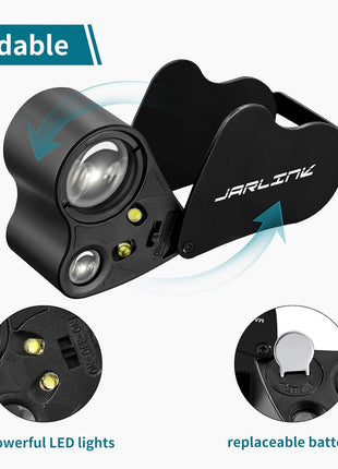 JARLINK 30X 60X Illuminated Jewelers Loupe Magnifier, Foldable Jewelry Magnifier with Bright LED Light for Gems, Jewelry, Coins, Stamps, etc