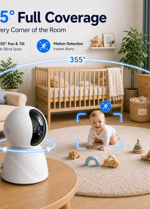 Baby Monitor with Camera and Audio, 3MP Baby Camera for Room, 355° Pan Tilt, Smart Motion Tracking, 3X Zoom, Color Night Vision, Two-Way Talk, 5G/2.4G WiFi, SD/Cloud, 2 Pack