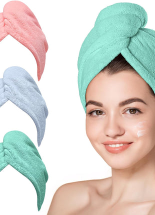 Hicober Microfiber Hair Towel, 3 Packs Hair Turbans for Wet Hair, Drying Hair Wrap Towels for Curly Hair Women Anti Frizz (Blue,Grey,Pink)