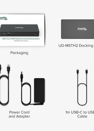 Plugable USB-C Docking Station Dual Monitor 4K 60Hz (2×HDMI), 65W Charging, Gigabit Ethernet, USB-C & 3×USB-A 5Gbps, Audio, Driverless for Windows/ChromeOS (UD-MSTH2)