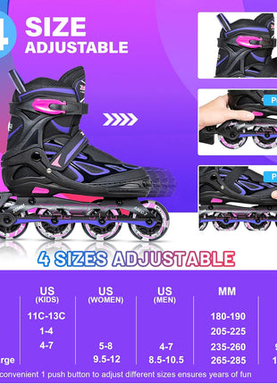 2PM Sports Vinal Girls Adjustable Flashing Inline Skates, All Wheels Light Up, Fun Illuminating Skates for Kids Men Adult Women and Boys