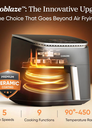 Cosori 9-in-1 TurboBlaze Air Fryer 6 Qt, PFAS-Free Ceramic Coating, 90°–450°F, Precise Heating for Even Results, Air Fry, Roast, Bake, Broil, Dry, Frozen, Proof, Reheat, Keep Warm, 120V, Dark Gray