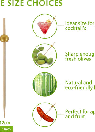 200 Pcs Cocktail Picks, 4.7 Inch Toothpicks for Appetizers, Bamboo Cocktail Sticks Skewers for Drinks, Desserts, Charcuterie, Wedding Party Fancy Toothpicks, Gold Pearl Mini Food Picks Decorative