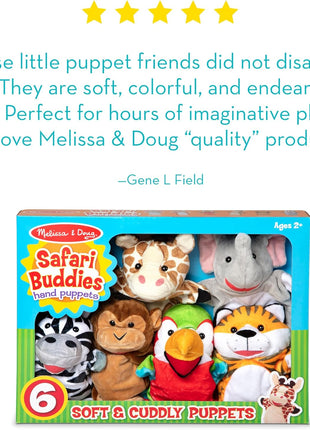 Melissa & Doug Safari Buddies Hand Puppets, Set of 6 (Elephant, Tiger, Parrot, Giraffe, Monkey, Zebra) Soft, Plush Puppet, Stuffed Animals, Pretend Play Toddler Toys for Girls & Boys 2+