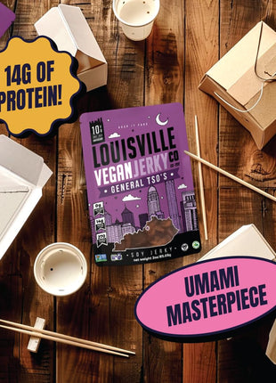 Louisville Vegan Jerky - General Tso's Vegan and Vegetarian Meat - Lip-Smacking Vegan-Friendly & Vegetarian Jerky - Non-GMO 14 Grams Soy Protein, Gluten-Free Low Fat High Protein Vegan Snacks - 3 oz, 3 Pack