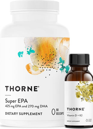 THORNE - Super EPA (90 Gelcaps) & Vitamin D + K2 (1 Oz) Bundle - Supports Bone Health, Muscle Structure & Joint Health - Gluten, Dairy & Soy-Free