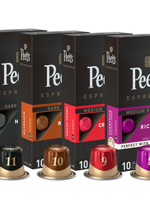 Peet's Coffee, Dark and Medium Roast Espresso Capsules Variety Pack, Compatible with Nespresso Original Machine, 100% Arabica Coffee - Intensity 8-11, 40 Count (4 Boxes of 10 Espresso Capsules)