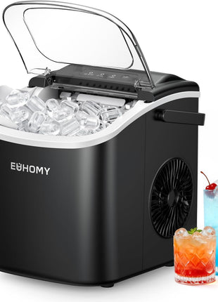 EUHOMY Countertop Ice Maker Machine with Handle, 26lbs in 24Hrs, 9 Ice Cubes Ready in 6 Mins, Auto-Cleaning Portable Ice Maker with Basket and Scoop, for Home/Kitchen/Camping/RV. (Black)