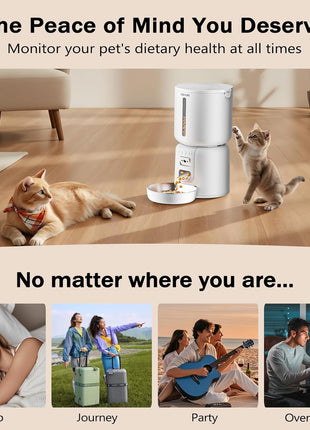 Automatic Cat Feeder with Camera, 4L Automatic Pet Feeder, Dual Power Supply, Smart Cat Food Dispenser with 2MP Night Vision & Two-Way Audio for Cats and Small Dogs, White